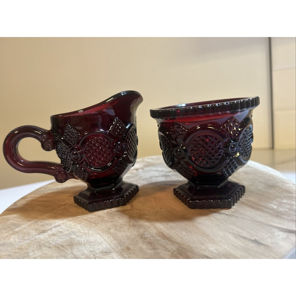Vintage Avon 1876 Cape Cod Ruby Red Creamer & Open Sugar Bowl Kitchenware‎ Set